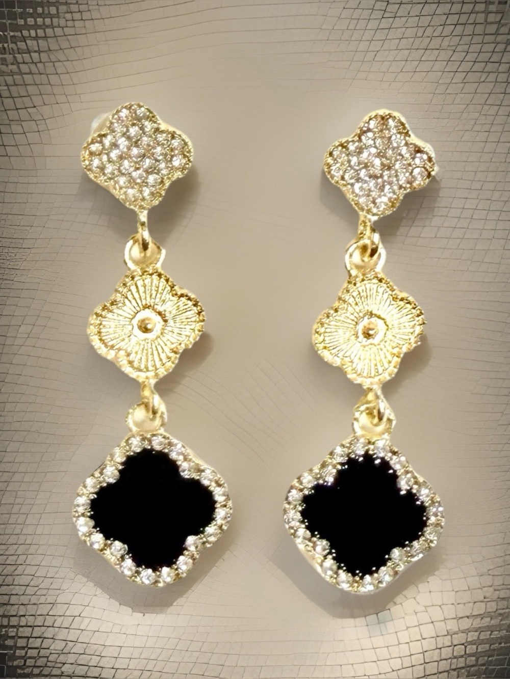 Gold-Tone Green Clover Drop Earrings with Crystal Accents
